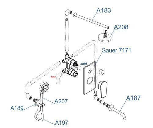 A71208 Встраиваемый комлплект для ванны WasserKRAFT с верхней душевой насадкой, лейкой и изливом