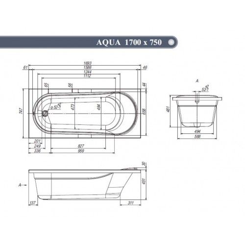 Акриловая ванна Венто СПА "AQUA " LA 1700х750/1 с каркасом  и экраном