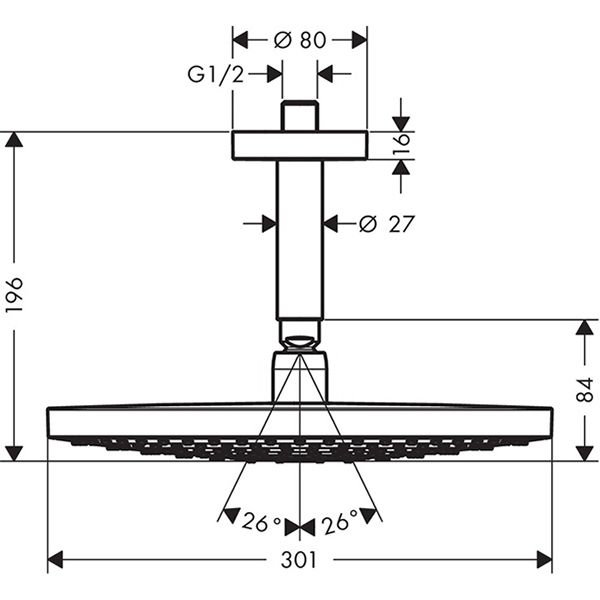 Тропический душ Hansgrohe Raindance Select S300 2jet 27337400 с потолка диаметр 30 см