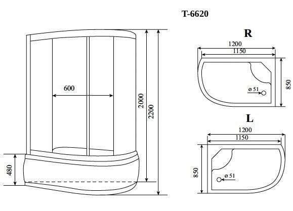 Душевая кабина Timo Standart T-6620 Black Fabric L  (120*85*220), турецкая баня хамам
