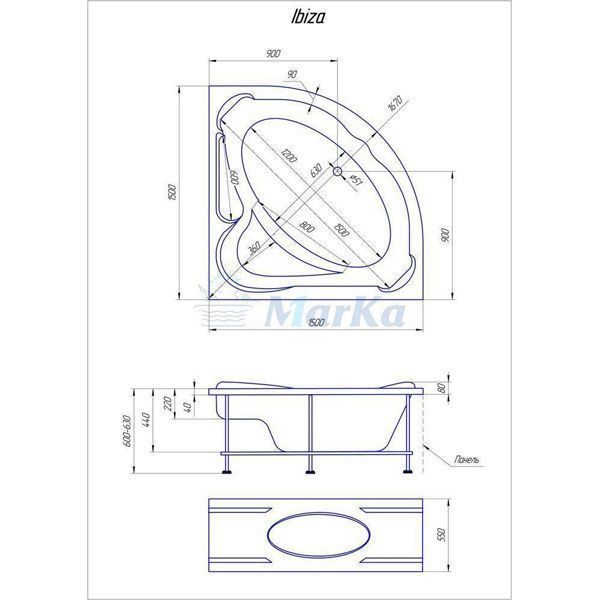 Ванна 1Marka IBIZA 150x150 Pplus с каркасом