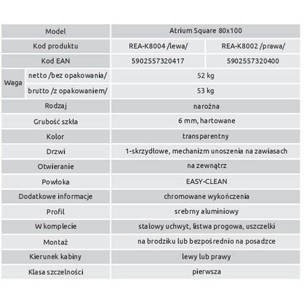 Душевой уголок Rea Atrium Square 80x100 K8004 левый