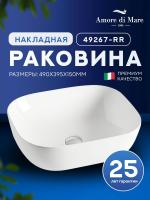 Накладная раковина Amore di Mare Elsa 49267-RR, умывальник прямоугольный из фарфора 49х39,5 см, белый цвет, гарантия 25 лет