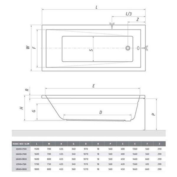 Акриловая ванна Roth Kubic Neo Slim 160х70 9310SLM