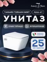 Унитаз подвесной безободковый Amore di Mare Tassaro Tornado Bidet P202-XT с функцией биде, прямоугольный белый, антивсплеск, фарфоровый, быстросъемное сиденье дюропласт с крышкой микролифт