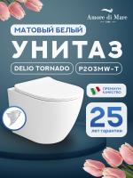 Унитаз подвесной безободковый Amore di Mare Delio Tornado P203MW-T Matte White, овальный белый матовый, антивсплеск, фарфор, быстросъемное сиденье дюропласт с микролифт, антибактериальное покрытие