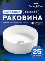 Накладная раковина Amore di Mare Bella 30402-RD, умывальник круглый из фарфора 30,1 см, белый цвет, гарантия 25 лет