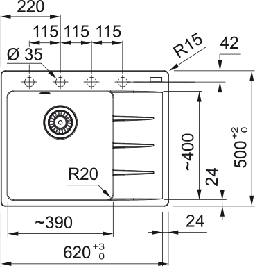 Кухонная мойка FRANKE 114.0639.712 из материала Fragranite CNG 611/211-62 TL, черный матовый  (в комплекте вентиль-автомат и сифон)