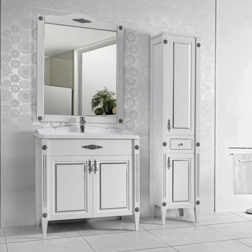 Тумба под умывальник Belux Империя напольная 105, белый матовый с серебряной патиной