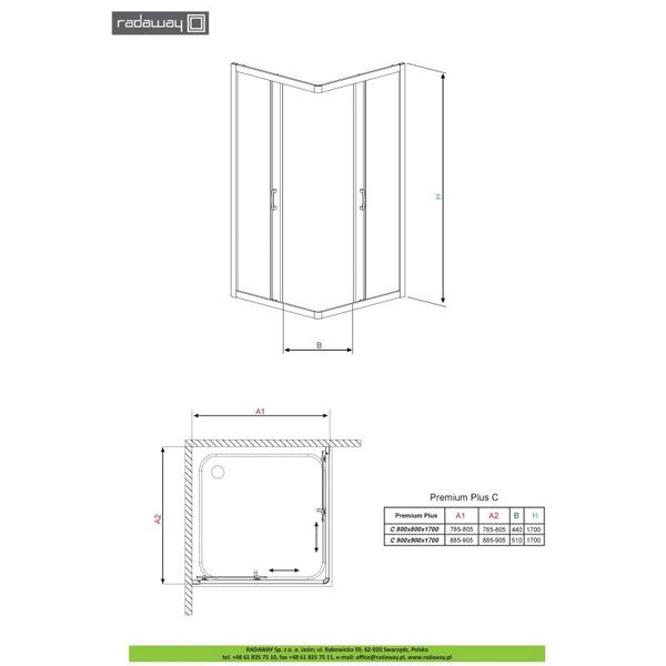 Душевой уголок Radaway Premium Plus C 90x90x170 стекло прозрачное 30451-01-01N