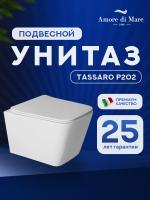 Унитаз подвесной безободковый Amore di Mare Tassaro P202 квадратный белый итальянский, антивсплеск, фарфоровый, быстросъемное сиденье дюропласт с крышкой микролифт, чаша с антибактериальным покрытием