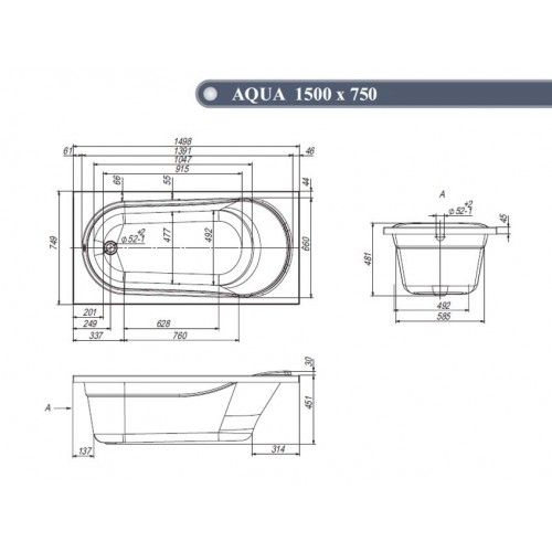 Акриловая ванна Венто СПА "AQUA " LA 1500х750/1  с ножками