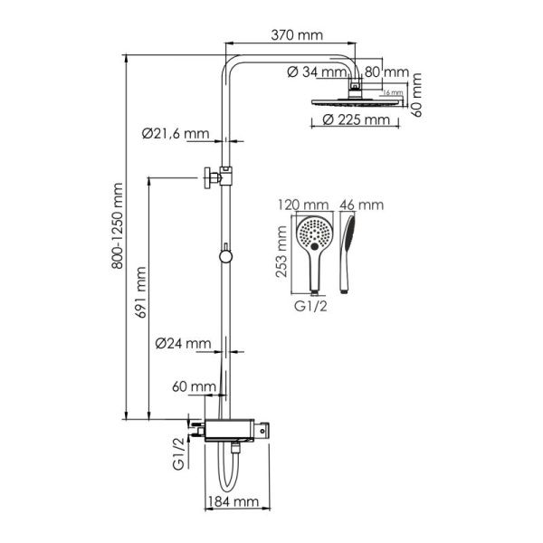 Душевая система WasserKRAFT A113.067.155.CH Thermo с термостатическим смесителем