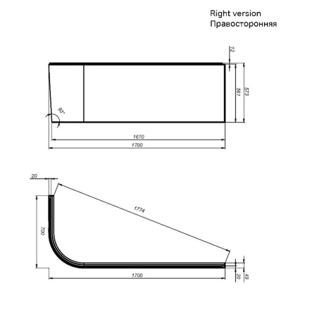 W94A-170R70W-P X-joy Панель фронтальная для ванны угловой правосторонней 170x70 см