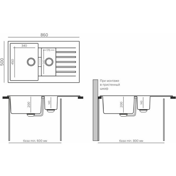 Кухонная мойка Tolero Loft TL-860 50x86 грей 856332