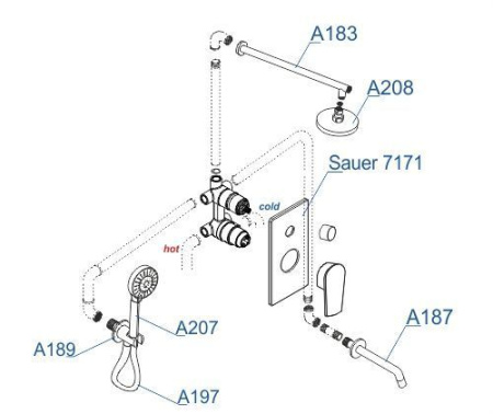 A71208 Встраиваемый комлплект для ванны WasserKRAFT с верхней душевой насадкой, лейкой и изливом