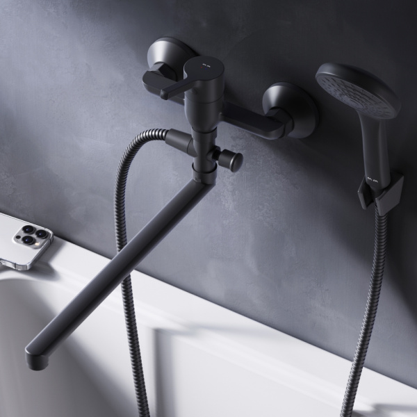 F85B90122 X-Joy S, Смеситель для ванны и душа AM.PM, излив 325 мм, душевой набор, черный