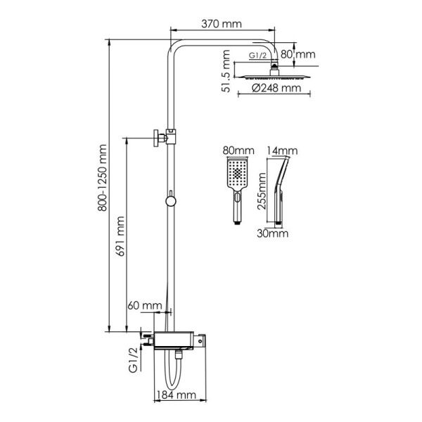 Душевая система WasserKRAFT A114.258.130.CB Thermo с термостатическим смесителем