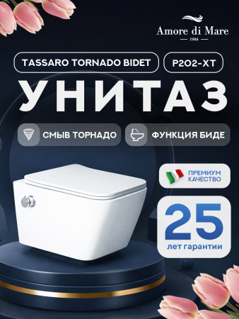 Унитаз подвесной безободковый Amore di Mare Tassaro Tornado Bidet P202-XT с функцией биде, прямоугольный белый, антивсплеск, фарфоровый, быстросъемное сиденье дюропласт с крышкой микролифт