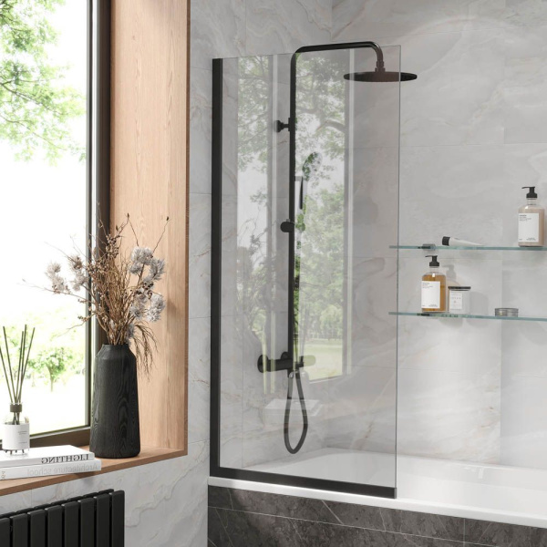 Стеклянная перегородка, шторка на борт ванны Reflexion RX14070CBL-03 140х70см фиксированная, прозрачное закаленное стекло 8мм, черный профиль