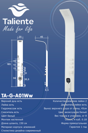 Душевая панель Taliente TA-G-A01Ww прямоугольная настенная