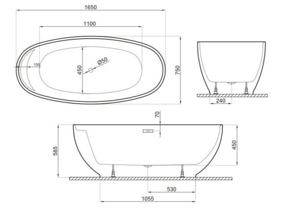 Ванна акриловая Polimat KIVI 165x75 отдельностоящая, серый