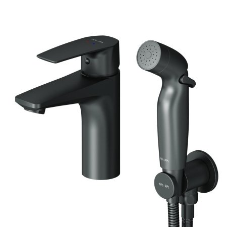 F90A03022 Gem Смеситель для умывальника AM.PM с гиг.душем, излив 99 мм, черный
