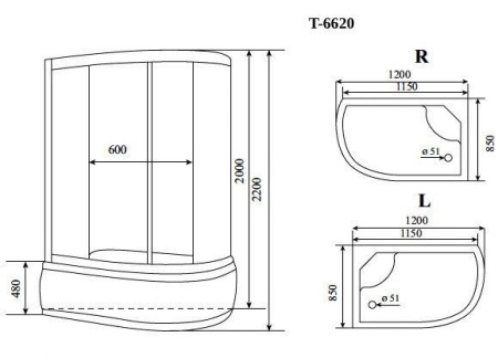Душевая кабина Timo Standart T-6620 Black Fabric L  (120*85*220), турецкая баня хамам