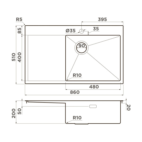 Кухонная мойка Omoikiri Akisame 86-R Side-LG нерж. сталь/светлое золото 4997046
