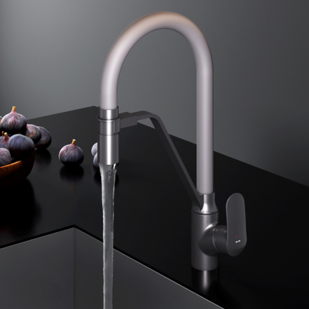 F8007825 Like, Смеситель для кухни AM.PM с каналом для питьевой воды и гибким изливом, черн., серый излив