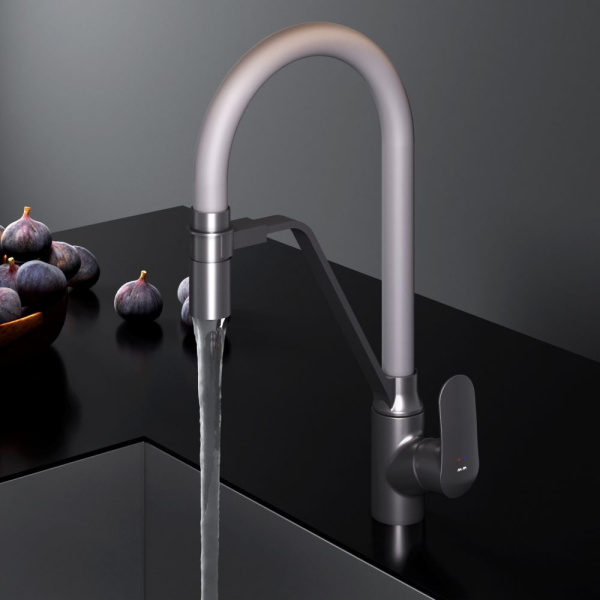 F8007825 Like, Смеситель для кухни AM.PM с каналом для питьевой воды и гибким изливом, черн., серый излив