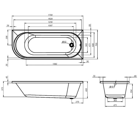 W94A-170R70W-A X-joy Ванна акриловая AM.PM угловая правосторонняя 170x70 см