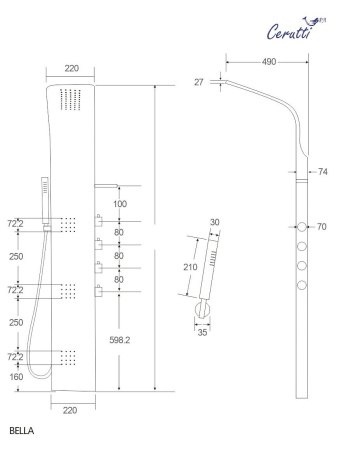 Панель BELLA душевая из нержавеющей стали с форсунками Ceruttispa CT11128, цвет хром