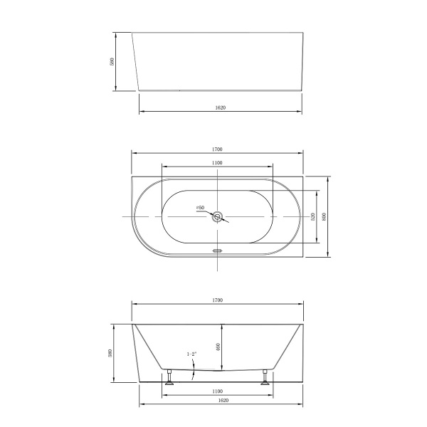 Ванна акриловая Vincea VBT-402-1700R, 1700*800*580, цвет белый, правая, слив-перелив в комплекте