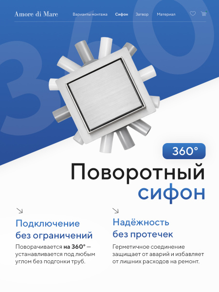 Трап для душа Amore di Mare Picco SD-15, 150х150 мм, оборачиваемый под плитку, хром