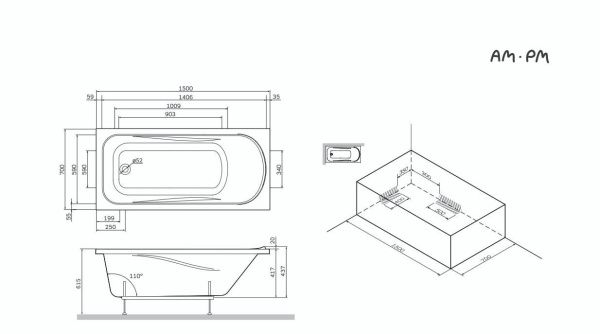 Ванна акриловая AM.PM Sense W75A-150-070W-KL 150х70 см с каркасом, со сливом-переливом