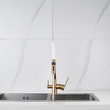 Смеситель для кухни с гибким изливом и подключением фильтра Shevanik S278G, золотой сатин