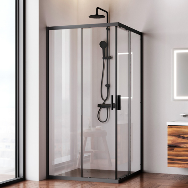 W90G-403-100100-BT Gem Душевое ограждение AM.PM квадратн.,раздвиж.двери 100x100 черный мат.,стекло прозрачное