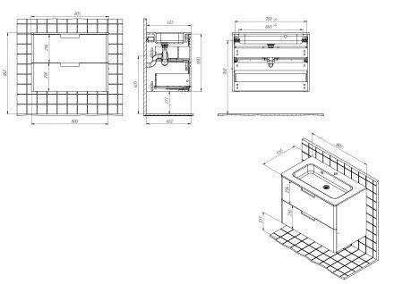 Тумба подвесная BRIZ Прато 80 с умывальником Прато, 240 03-18080-16 00 БЕЛ