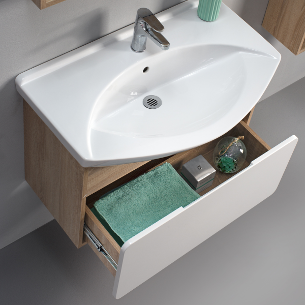 Тумба под умывальник Belux подвесная Чезаро 65-01 Белый глянцевый/Дуб сонома светлый