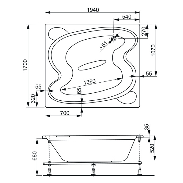 Акриловая ванна VAGNERPLAST HELIOS 194x170