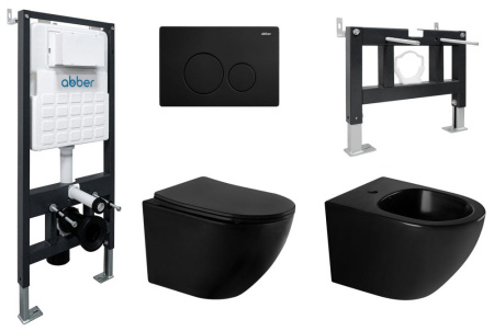 Комплект ABBER унитаз AC1100MB черный матовый с инсталляцией AC0105 и кнопкой AC0121MB, биде AC1150MB с инсталляцией AC0101P