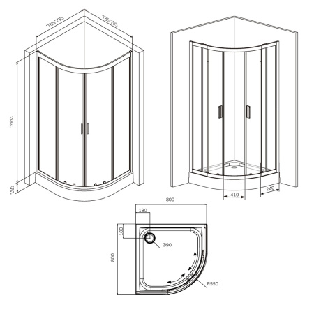 W90G-401-080BT Душевое ограждение AM.PM Gem 1/4 Rond 80x80 стекло прозрачное, профиль черный матовый