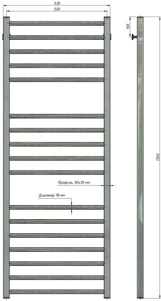 Полотенцесушитель водяной Stinox Classic Luxe 500x1400, нижнее подключение, хром, 1/2" ВР (внутренняя резьба), 17 перекладин