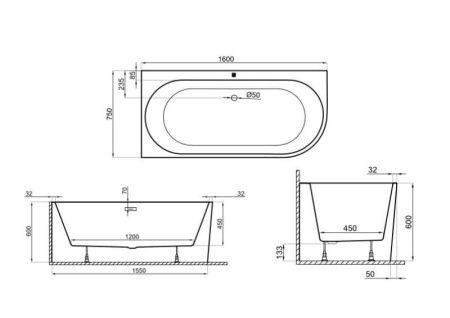 Ванна акриловая Polimat SOLA 160x75 R пристенная, белый