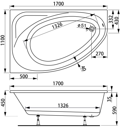 Акриловая ванна VAGNERPLAST HAPI 170x110 Right