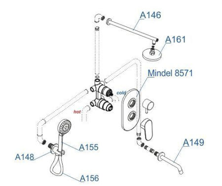 A85161 Встраиваемый комлплект для ванны WasserKRAFT с верхней душевой насадкой, лейкой и изливом