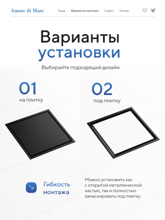 Трап для душа Amore di Mare Picco SD-15B, 150х150 мм, оборачиваемый под плитку, черный