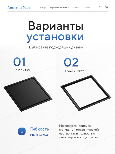 Трап для душа Amore di Mare Picco SD-15B, 150х150 мм, оборачиваемый под плитку, черный