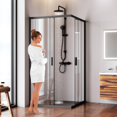 W90G-403-100100-BT Gem Душевое ограждение AM.PM квадратн.,раздвиж.двери 100x100 черный мат.,стекло прозрачное